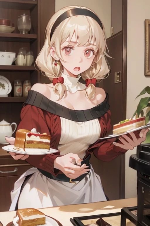 masterpiece, 1girl, Amazing Cleavage:1.3, thin waist, big ass, Raised sexy, medium breast:1.3,posed cleavage:1.2,solo, looking at viewer, open mouth, have a cup of coffee,black hair, red eyes, dress, bare shoulders, jewelry, collarbone, sidelocks, hairband, earrings, indoors, off shoulder, :o, sweater, arms behind back, plant, short hair with long locks, white hairband, off-shoulder dress, sweater dress, off-shoulder sweater, red sweater, big side hair, very long side hair,is rendered in (masterpiece: 1.2, best quality), with (ultra high resolution) and an exquisite (depth of field). This masterpiece is not only visually stunning but also tells, make of cooking some cakes ,in the kitchen