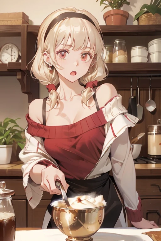 masterpiece, 1girl, Amazing Cleavage:1.3, thin waist, big ass, Raised sexy, medium breast:1.3,posed cleavage:1.2,solo, looking at viewer, open mouth, have a cup of coffee,black hair, red eyes, dress, bare shoulders, jewelry, collarbone, sidelocks, hairband, earrings, indoors, off shoulder, :o, sweater, arms behind back, plant, short hair with long locks, white hairband, off-shoulder dress, sweater dress, off-shoulder sweater, red sweater, big side hair, very long side hair,is rendered in (masterpiece: 1.2, best quality), with (ultra high resolution) and an exquisite (depth of field). This masterpiece is not only visually stunning but also tells, make of cooking some cakes ,in the kitchen