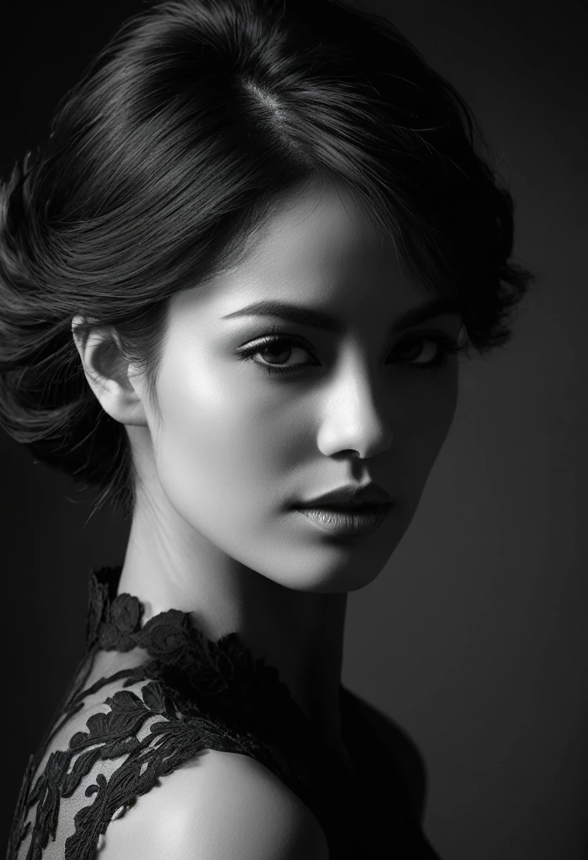 black and white, woman, Shadow Symphony, sharp focus, studio photo, intricate details, highly detailed,