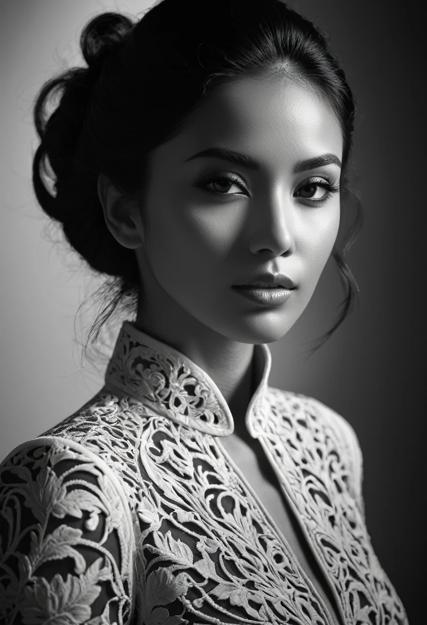 black and white, woman, Shadow Symphony, sharp focus, studio photo, intricate details, highly detailed,