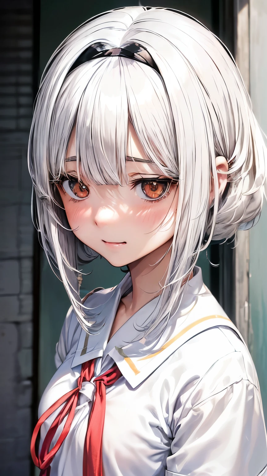 Japanese depressed and tidy girl ((extra very small breast))((slender )), (( white extra very short length hair)) ((blunt bangs))((upper shaggy forelock :1.5)), ((tidy white school uniform:1.5))((ennui smile)), sharp and gentle eyes ((light red)), fearful eyelashes, scared and alone atmosphere, blush, seems very cornered and troubled, (( face focus:1.3)), best quality,MSFW