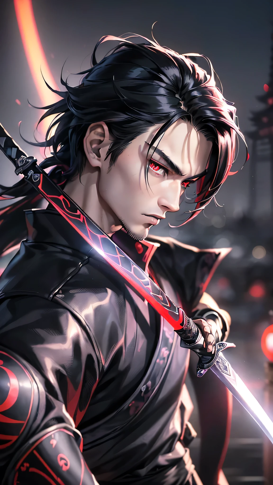 最high quality、Best image quality、masterpiece、male((18-year-old、slender、Stubble、Holding a sword、Ninja clothing、Red eyes、Cool hairstyle、Black Hair、Fighting Pose))high quality、Beautiful art、background((Tokyo,Neon Town)),Tabletop、Exquisite design、Visual Arts、Written boundary depth、Best lighting、Highest detail、8k