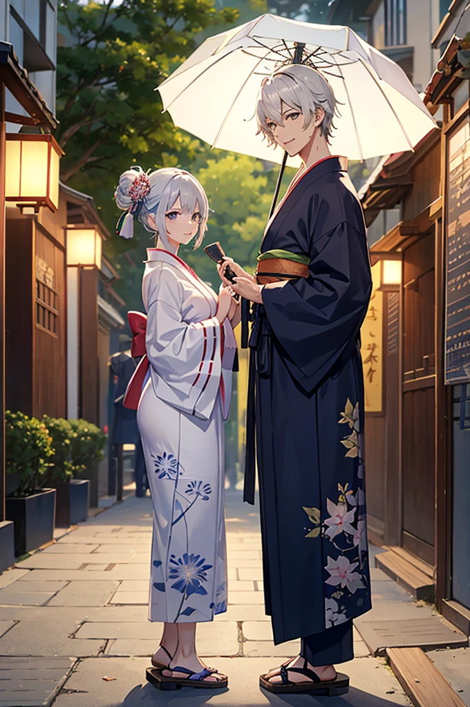 Male and female pair、Tree-lined street、evening、yukata、The woman is holding a Japanese-style umbrella、The man is holding a fan、A woman's figure「very cute、Small face、Height: 160cm、Light green hair、Tie your hair up、With bangs、Big Breasts、体全体yukata、yukataはオレンジ色、Wearing geta sandals、Back view、smile」A man's figure「Silver Hair、mash、Handsome、濃緑色のyukata、Height: 170cm、体全体yukata、Wearing geta、Back view、smile」