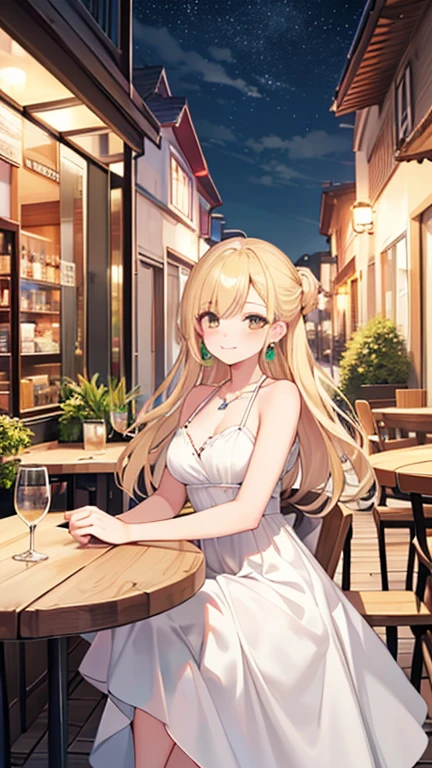 ((Highest quality)), ((masterpiece)), (detailed), Perfect Face, (Highest quality), (detailed skin), (複雑なdetailed), , Night dress, ((White Dress)), Deep neckline, Green Emerald Necklace, Earrings, Captivating smile, (Put your hair up on both sides, Blonde), Terrace seating at night, Underarm