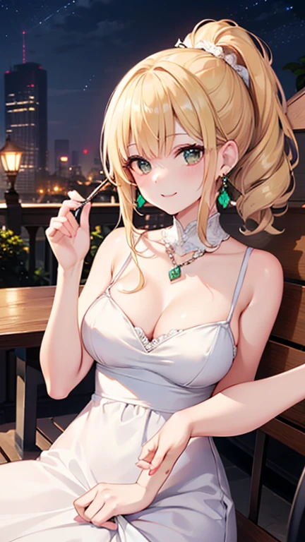 ((Highest quality)), ((masterpiece)), (detailed), Perfect Face, (Highest quality), (detailed skin), (複雑なdetailed), , Night dress, ((White Dress)), Deep neckline, Green Emerald Necklace, Earrings, Captivating smile, (Put your hair up on both sides, Blonde), Terrace seating at night, Underarm