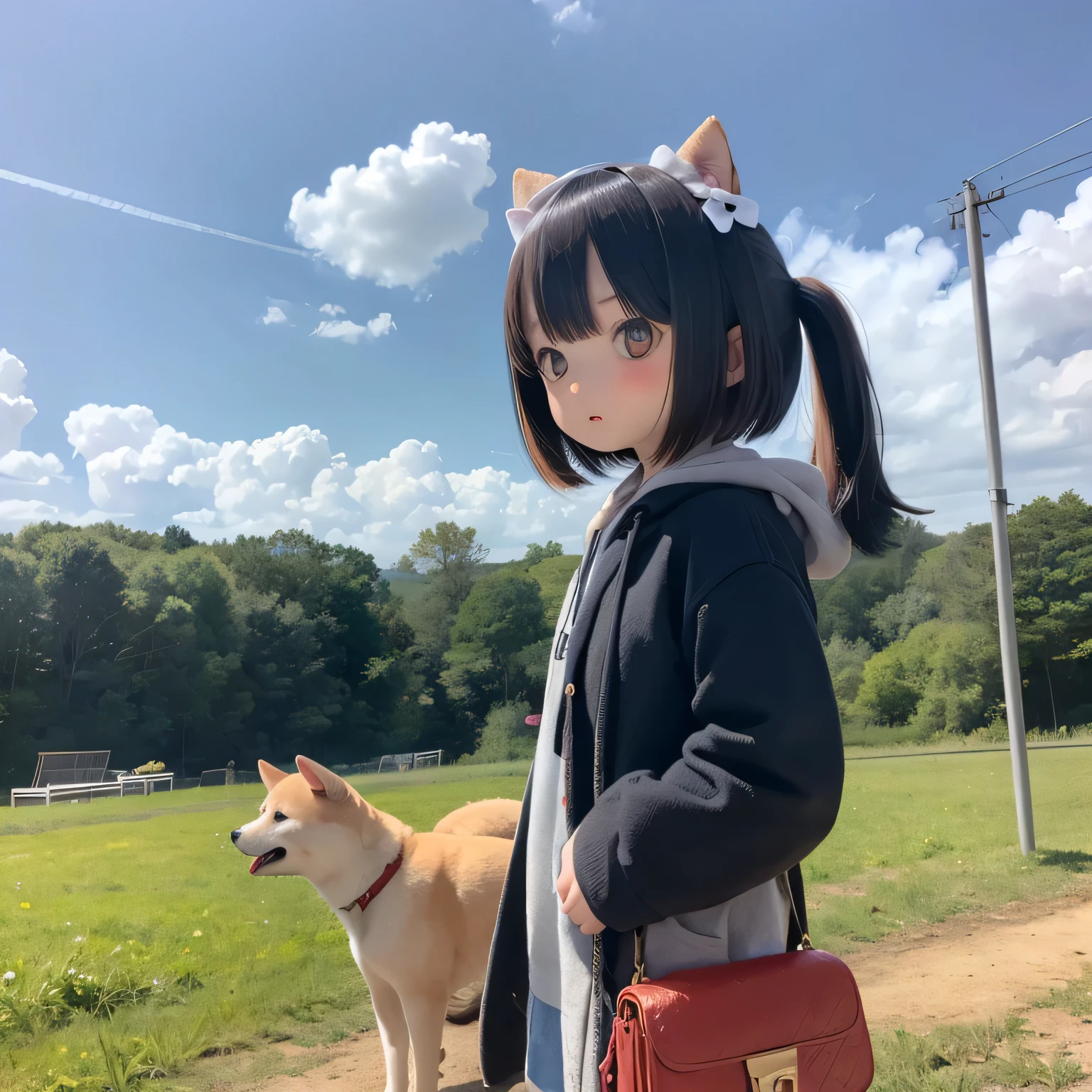 Shiba Inu girls in a rural landscape