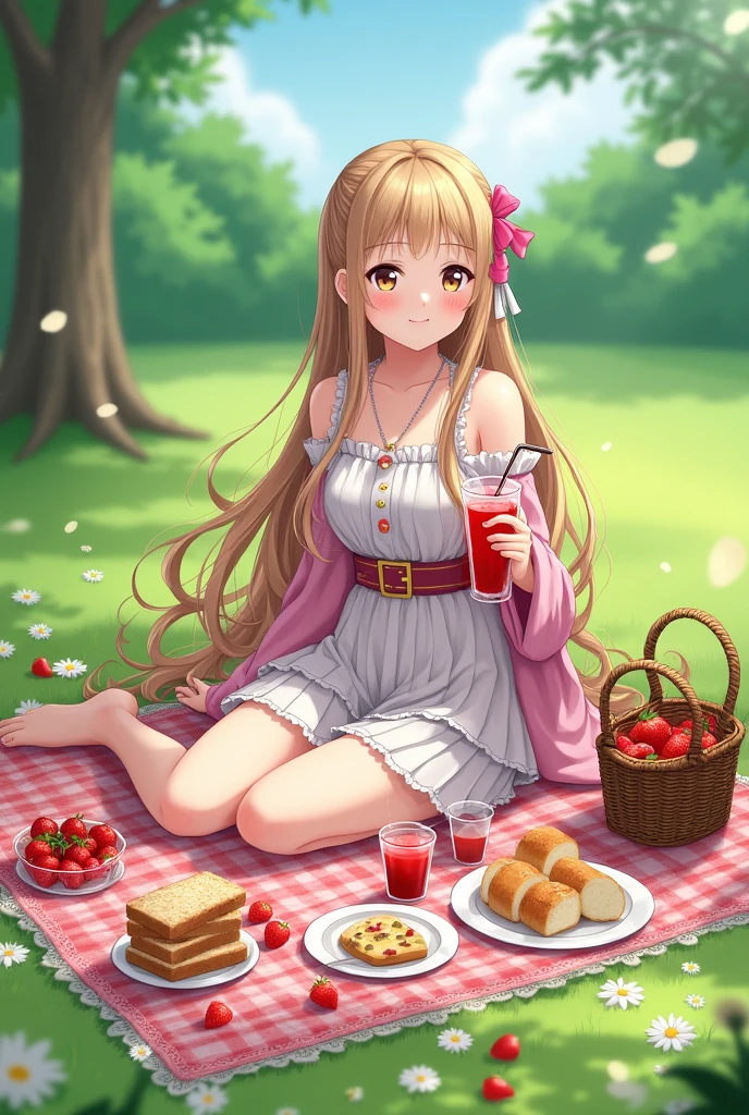 Beautiful girl with long hair, wearing Harajuku clothes, He was sitting on the grass, there was a beautiful mat on top containing picnic ornaments, such as fruit, bread, snacks and others, Holding a glass cup containing strawberry juice with a cute straw in the park, high detail