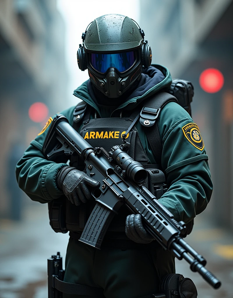 Armachem soldier wearing helmet and blue googles and standing with assault rifle. He is from Armachem technological company. His mouth is uncovered 