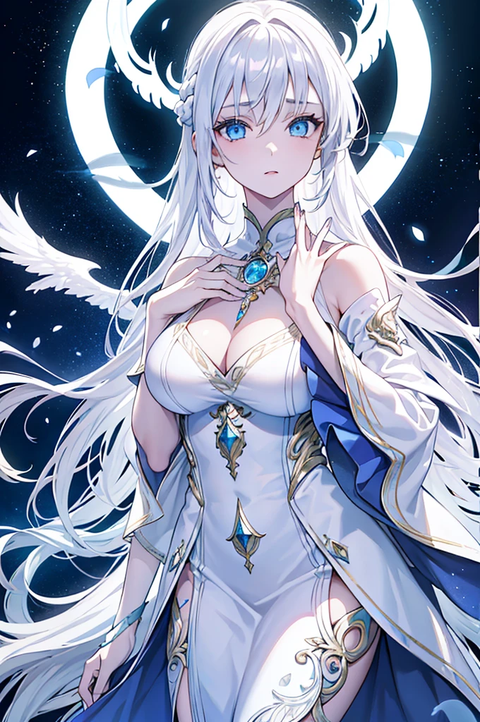 A beautiful detailed girl with long white hair and piercing blue eyes, slight glare, posing gracefully with one hand raised above her head, (best quality,4k,8k,highres,masterpiece:1.2),ultra-detailed,(realistic,photorealistic,photo-realistic:1.37),detailed facial features,high fashion dress,ethereal,elegant,serene,mystical,dramatic lighting,glowing,dreamy,fantasy,cinematic,intricate details