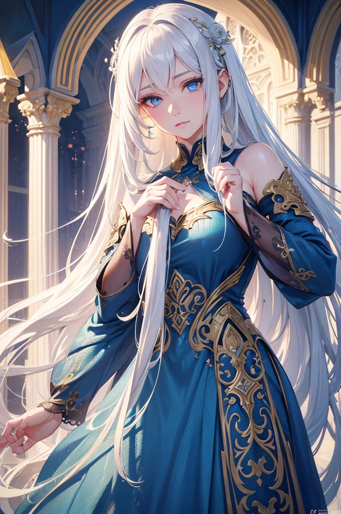 A beautiful detailed girl with long white hair and piercing blue eyes, slight glare, posing gracefully with one hand raised above her head, (best quality,4k,8k,highres,masterpiece:1.2),ultra-detailed,(realistic,photorealistic,photo-realistic:1.37),detailed facial features,high fashion dress,ethereal,elegant,serene,mystical,dramatic lighting,glowing,dreamy,fantasy,cinematic,intricate details