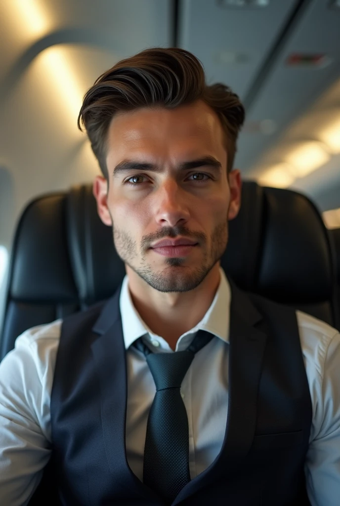 Imagine a young business executive, com cerca de 25 anos, Traveling by plane . He wears an elegant VEST ONLY WITH VEST . His carefully styled hair shows a touch of sophistication, and his eyes reflect determination and ambition. highlights his confident and focused expression