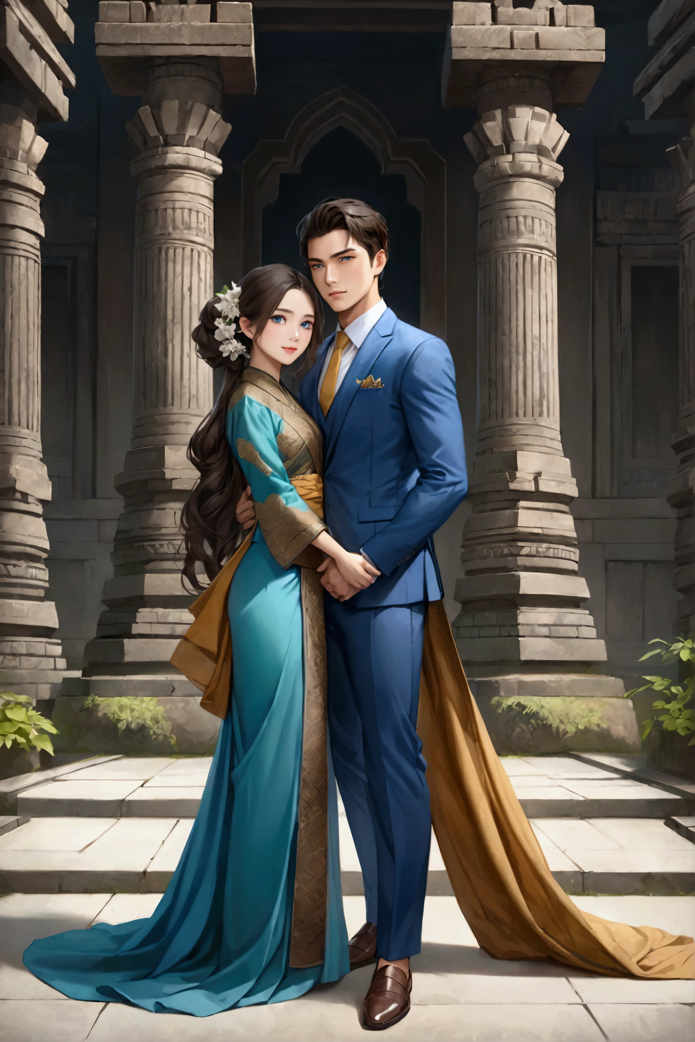 Couple, embrace each other, javanese style, masterpiece, best quality, realistic, quiet and charming, 29 years old, blue eyes, serious, extremely detailed face, full body, smile,((dark brown, swept side hair)), [ eyebrows], blue suit, prambanan temple, accurate, detailed