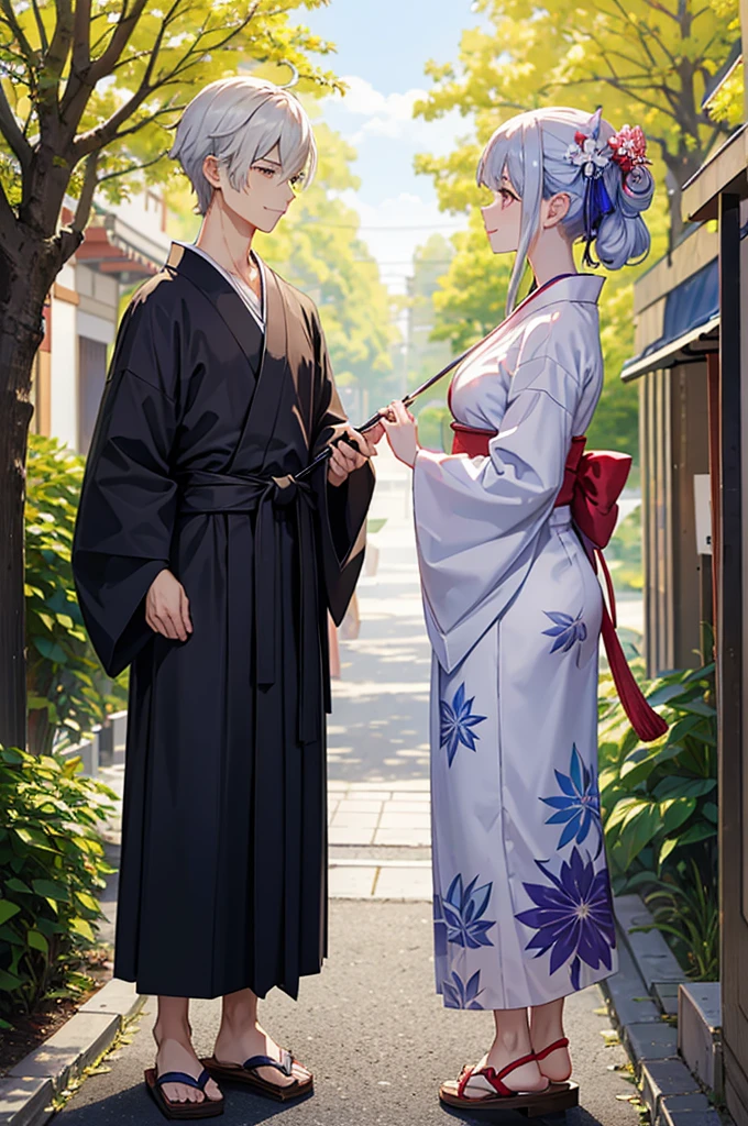 Male and female pair、Tree-lined street、evening、yukata、The woman is holding a Japanese-style umbrella、The man is holding a fan、A woman's figure「very cute、Small face、Height: 160cm、Light green hair、Tie your hair up、With bangs、Big Breasts、体全体yukata、yukataはオレンジ色、Wearing geta sandals、Back view、smile」A man's figure「Silver Hair、mash、Handsome、濃緑色のyukata、Height: 170cm、体全体yukata、Wearing geta、Back view、smile」