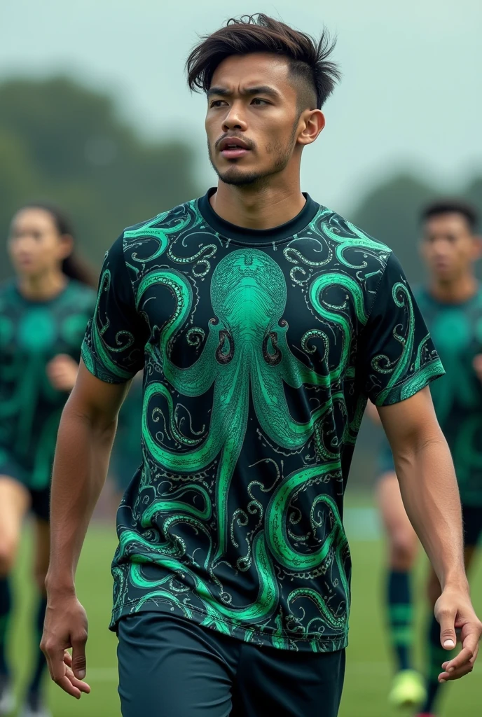 Green , blue and black team shirt with an octopus theme