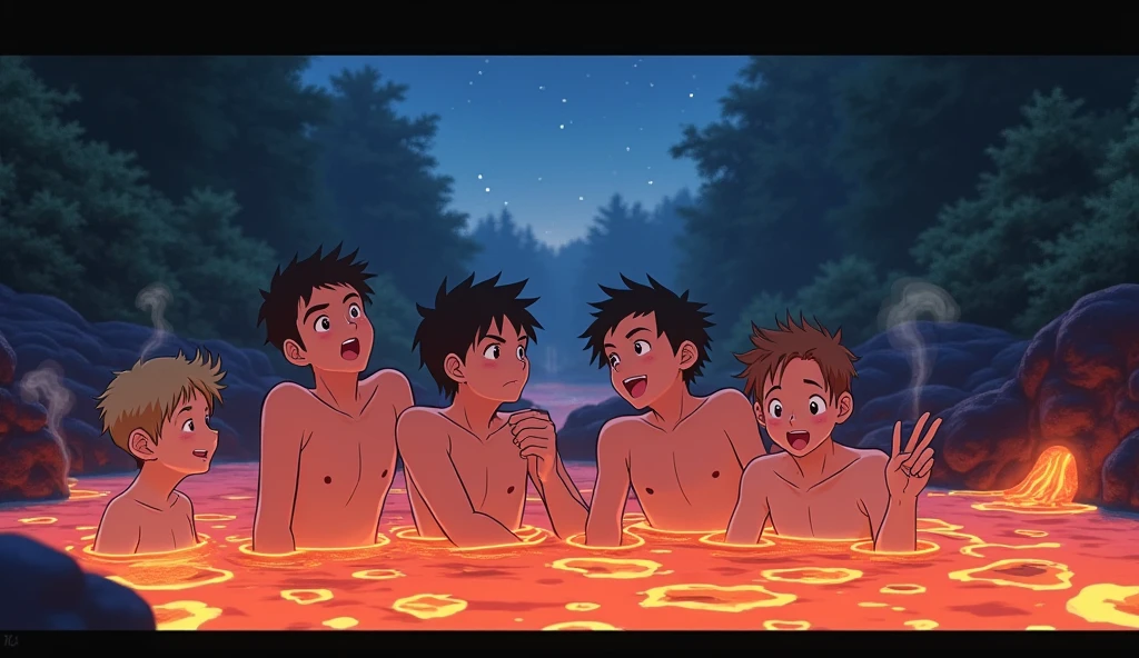 This image needs to be anime style. A river of lava with four teenage boys and one younger boy all taking a bath in it. In the background, a beautiful forest can be seen at night. The lava is glowing and emitting smoke. All five are having fun.