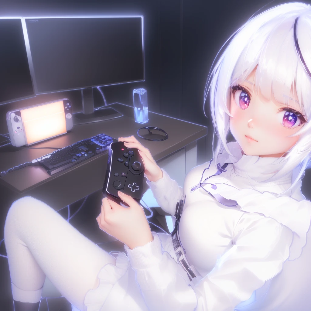 An anime girl sitting in front of a computer desk holding a remote control., Anime Style 4k, Digital art on Pixiv, Digital anime illustration, Digital anime art, Perfect white hair girl, Soft anime illustration, Cute anime, Smooth anime CG art, Cute anime, High quality anime art style, On pixiv, pixiv style, Digital anime art!!