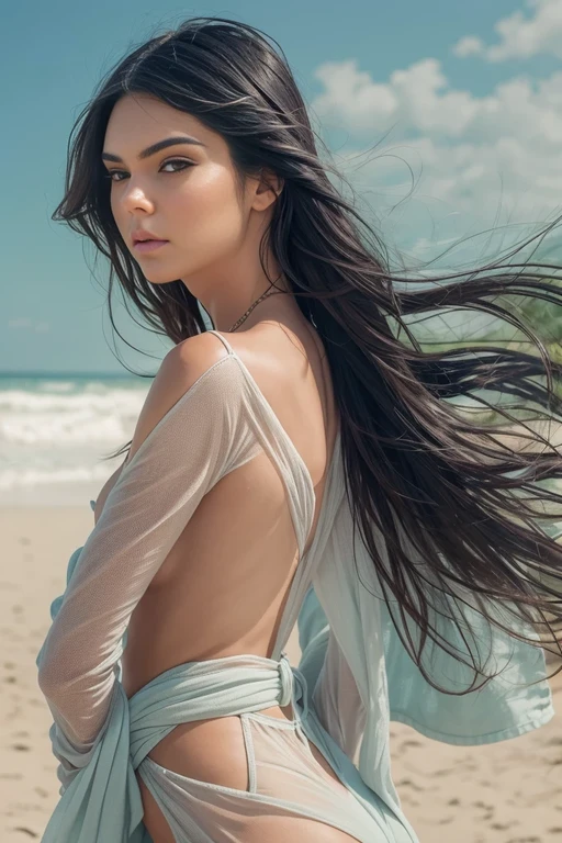 (naked Kendall Jenner, half body shot, slender body, nude, small breasts, hard nipples, shaved pussy:1.2), masterpiece, a half body shot, Light blue and white color scheme, a sexy 20 years old smiling naked model standing on the sand, modeling pose, professional shooting, nude, black hair, 16K, on a paradise beach, ultra high res.photorealistic, UHD, RAW, DSLR