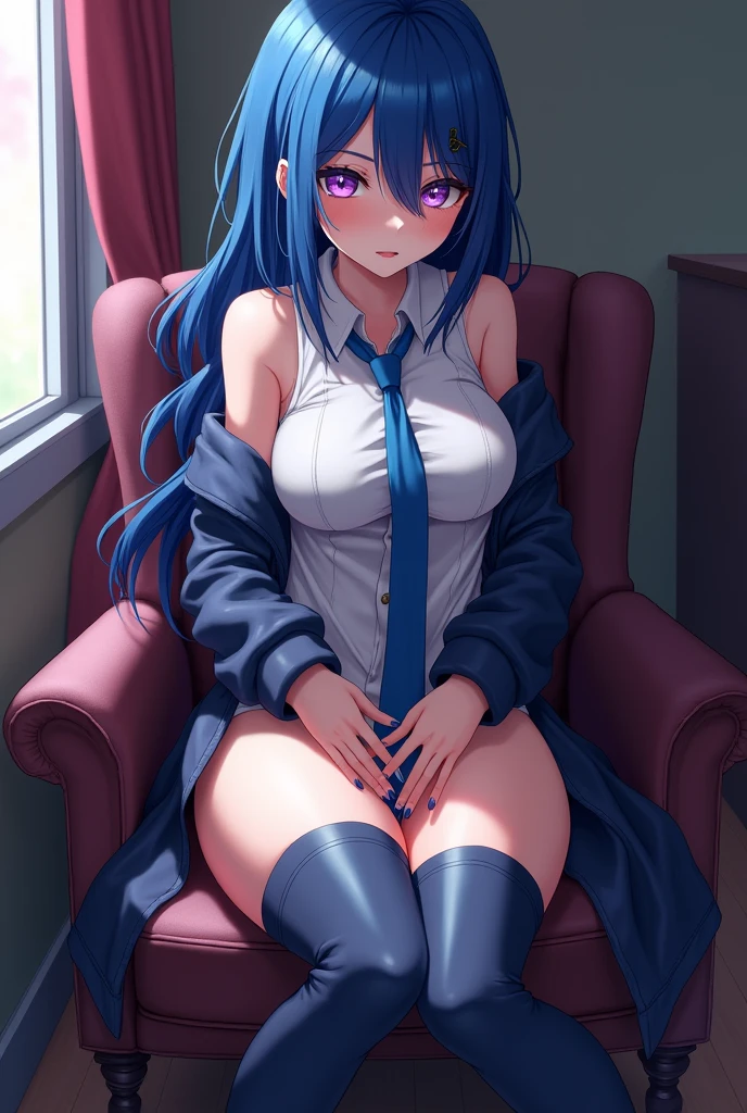 (Masterpiece, Best Quality 1.2),a girl ,euladef, solo, blue hair, blue tie, purple eyes, reflection, looking at the audience, Facing the audience,beautiful, Over-the-knee boots，boots, high heels, beautiful (detailed eyes, detailed face 1.3), sitting on chair, chair, , M word leg open, , , hands on the , lewdness, ( water: 1.8), ( water under the : 1.8)，saliva trail，(sexual secretion:1.3),(1.1)