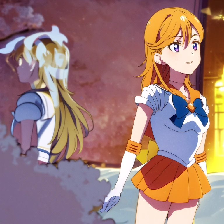 masterpiece, best quality, highres, sv1, sailor senshi uniform, medium breast, orange skirt, elbow gloves, tiara, orange sailor collar, red bow, orange choker, white gloves, jewelry,smile, brush, from below, skirt lift, standing, looking back, white leotard, milf, ornate fabric, leather texture, dramatic lighting, cinematic shot, atmospheric, depth of field, comic style, watercolor style, floating hair, wind, wind lift, shiny hair, bedroom