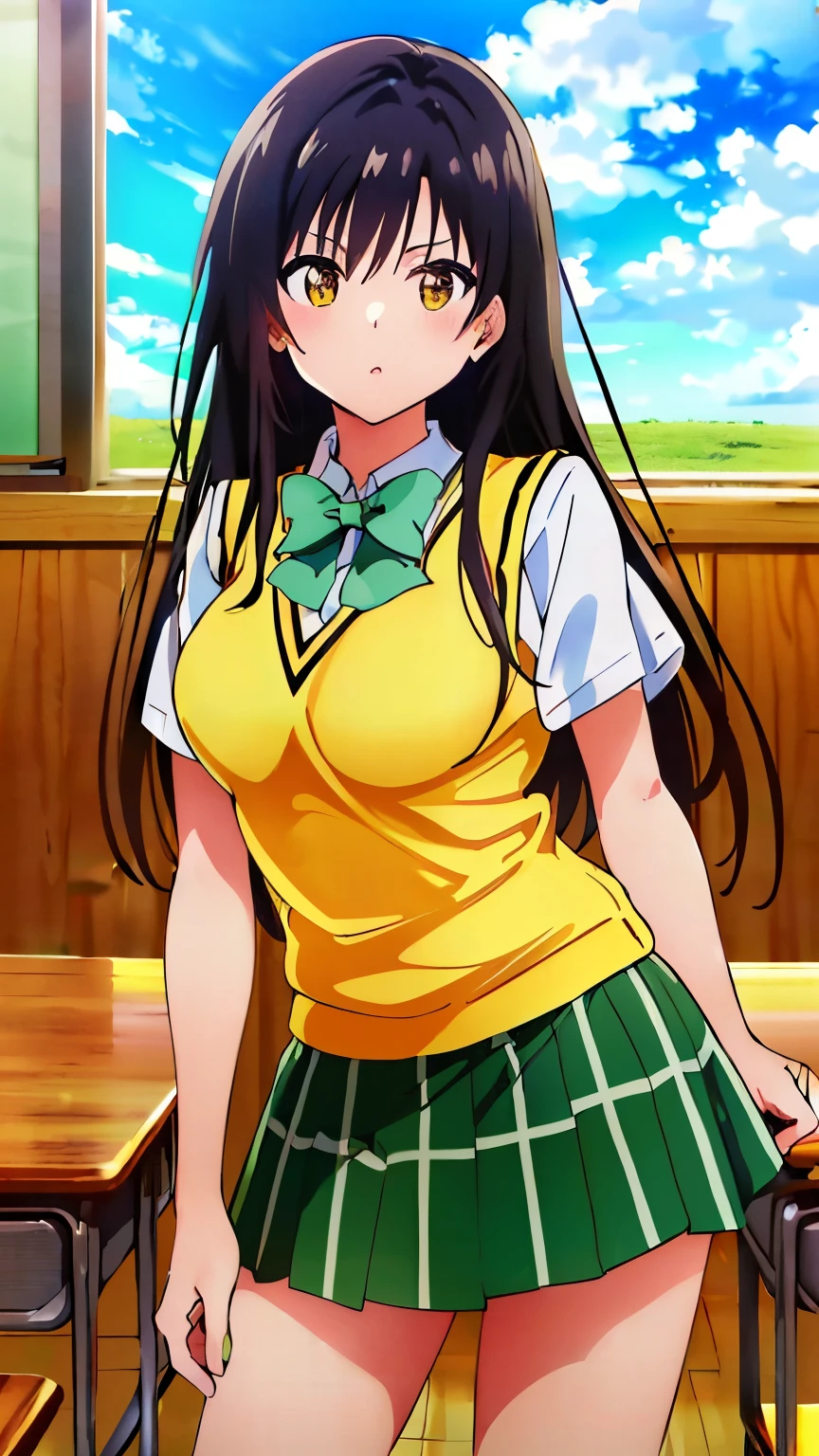 (masterpiece, Highest image quality, highest quality, 8k:1.3), (anime:1.1), vivid color, Yui, Black hair, Large medium breasts, (Yellow sweater vest, white shirt, short sleeve, green bow tie, plaid mini skirt),  (indoor, Classroom, blue sky), Standing, embarrassing, looking at the viewer, cowboy shot,