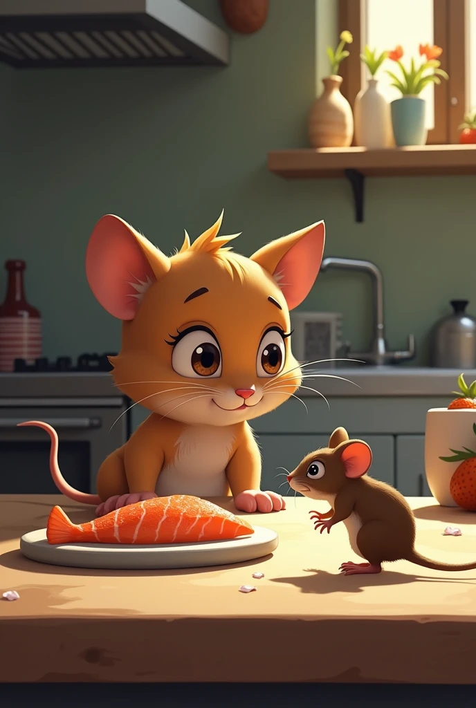 "Conflict**: Mithi spots a small, brown mouse with beady eyes sneaking towards a piece of fish on the kitchen counter."