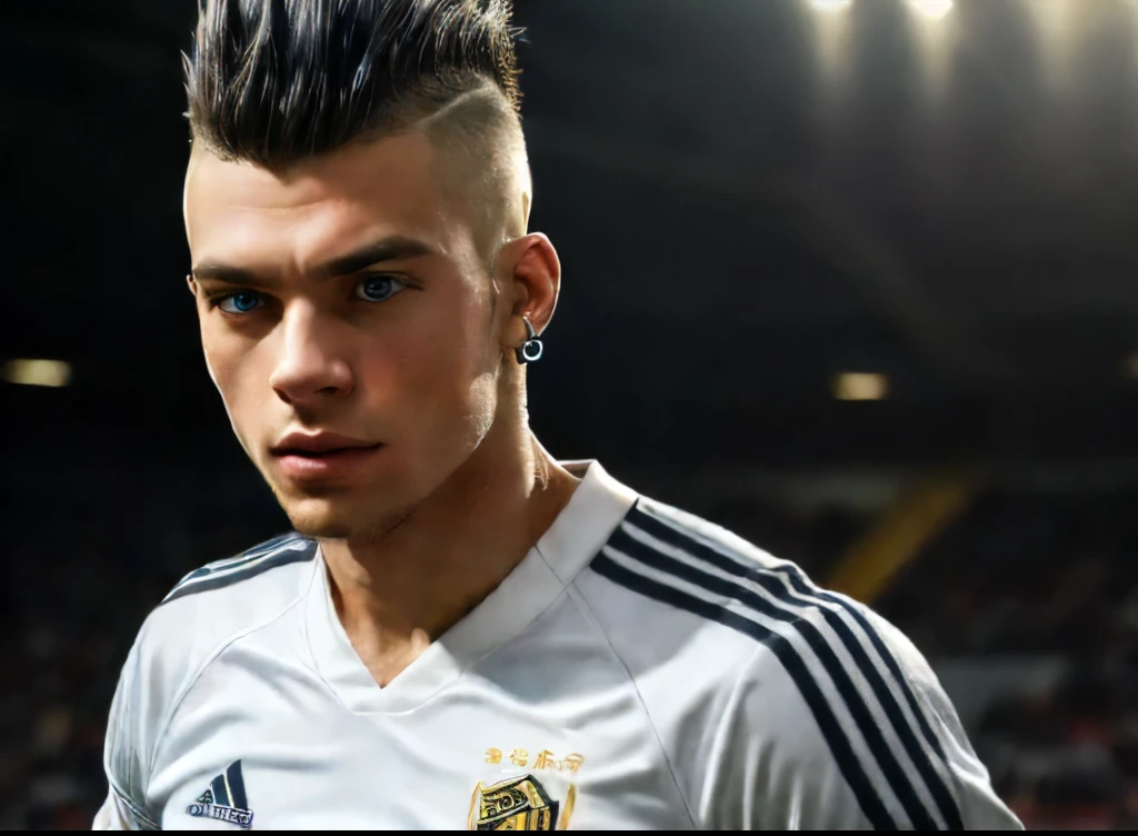 a 24 year old male soccer defender, 194cm tall, short modern mohawk hairstyle, white skin, wearing a black jersey, golden earrings, looking directly at the camera, (best quality,4k,8k,highres,masterpiece:1.2),ultra-detailed,(realistic,photorealistic,photo-realistic:1.37),portrait,sports,dynamic pose,dramatic lighting,muscular physique,detailed facial features,intense gaze