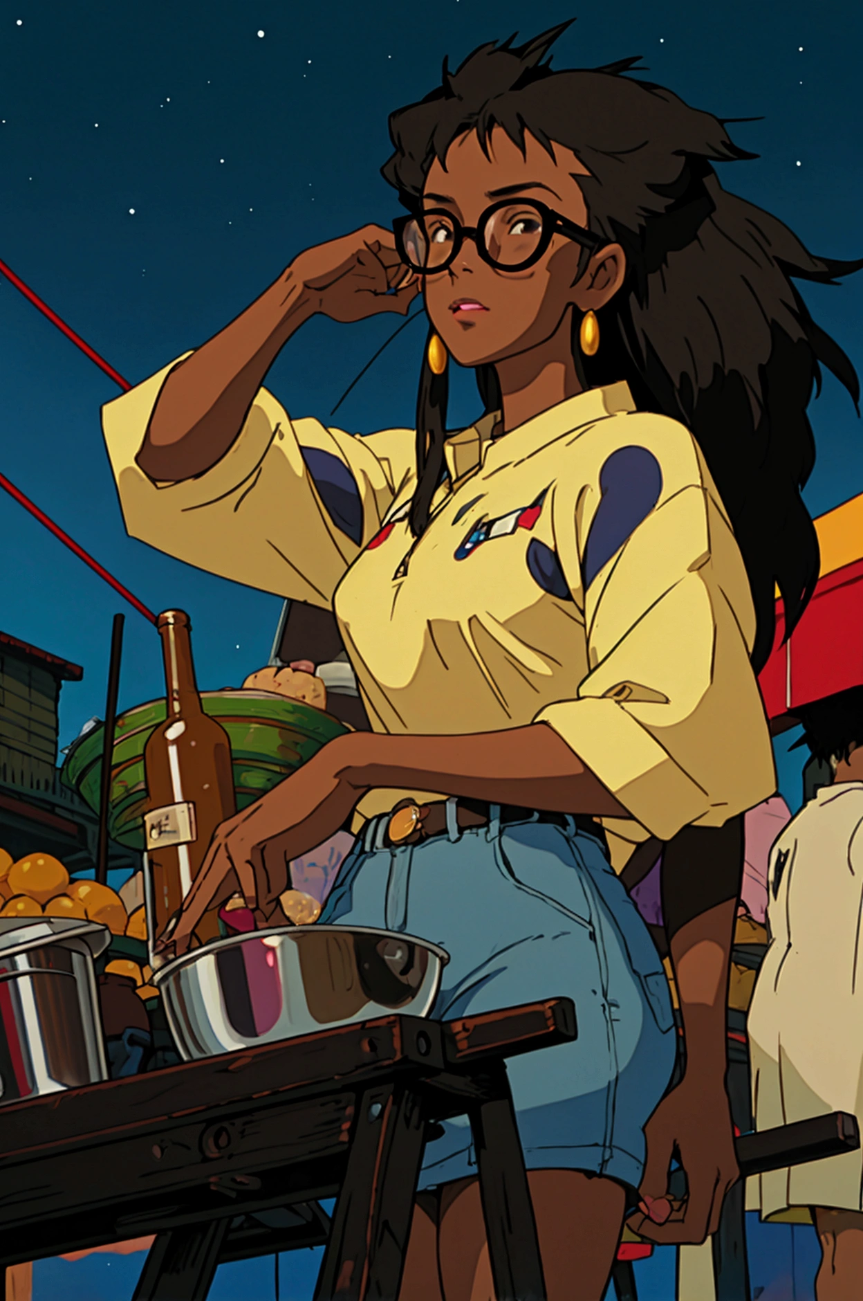 cowboy bebop, black female character, dark skinned, black girl, 20, long hair, brown eyes, blue light, wearing Ralph lauren, red glasses, Night market under a starry sky, spirits peddling wares, echoing spirited-away vibes.