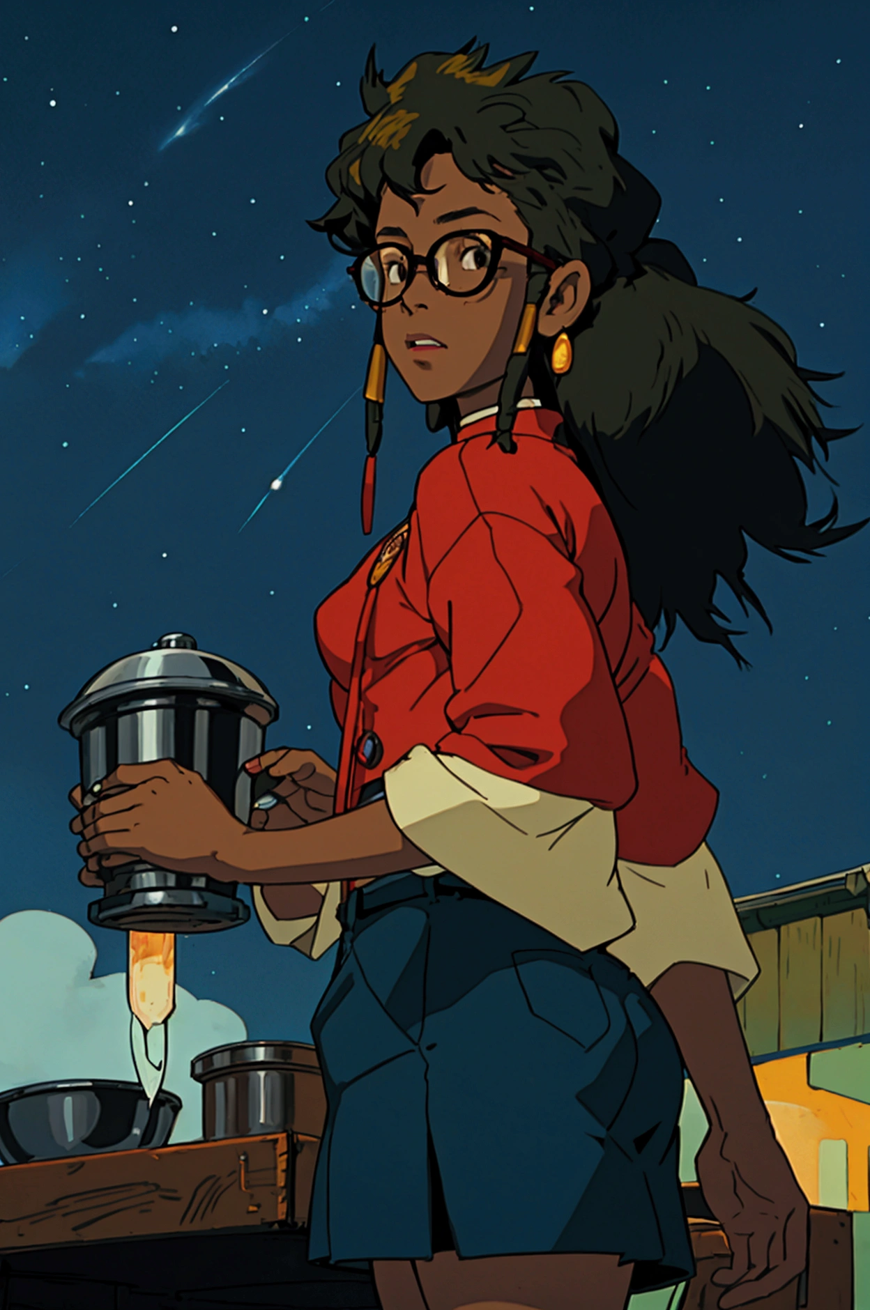 cowboy bebop, black female character, dark skinned, black girl, 20, long hair, brown eyes, blue light, wearing Ralph lauren, red glasses, Night market under a starry sky, spirits peddling wares, echoing spirited-away vibes.