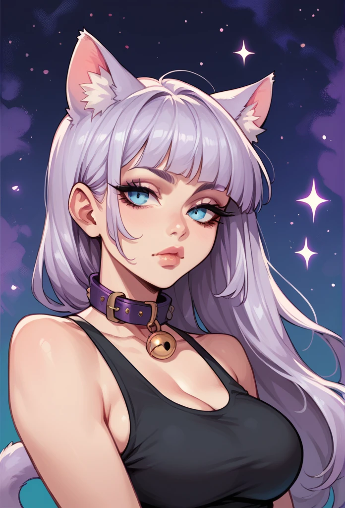 1girl, cat ears, long hair, bangs, light purple hair, gorgeous blue eyes, 1 purple cat tail, eyeliner, long lashes, collar, black low cut tank top, breasts, starry background, half body