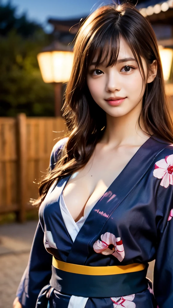 8k,Highest quality,(masterpiece:1.2),(Realistic),(Realistic:1.37),Ultra-high resolution,1 female college student,festival,night,smile,Beautiful Eyes,(((Cute Yukata))),Perfect body,Perfect Fingers,Professional Lighting,gravure,Detailed face and skin texture,fine grain,RAW Photos