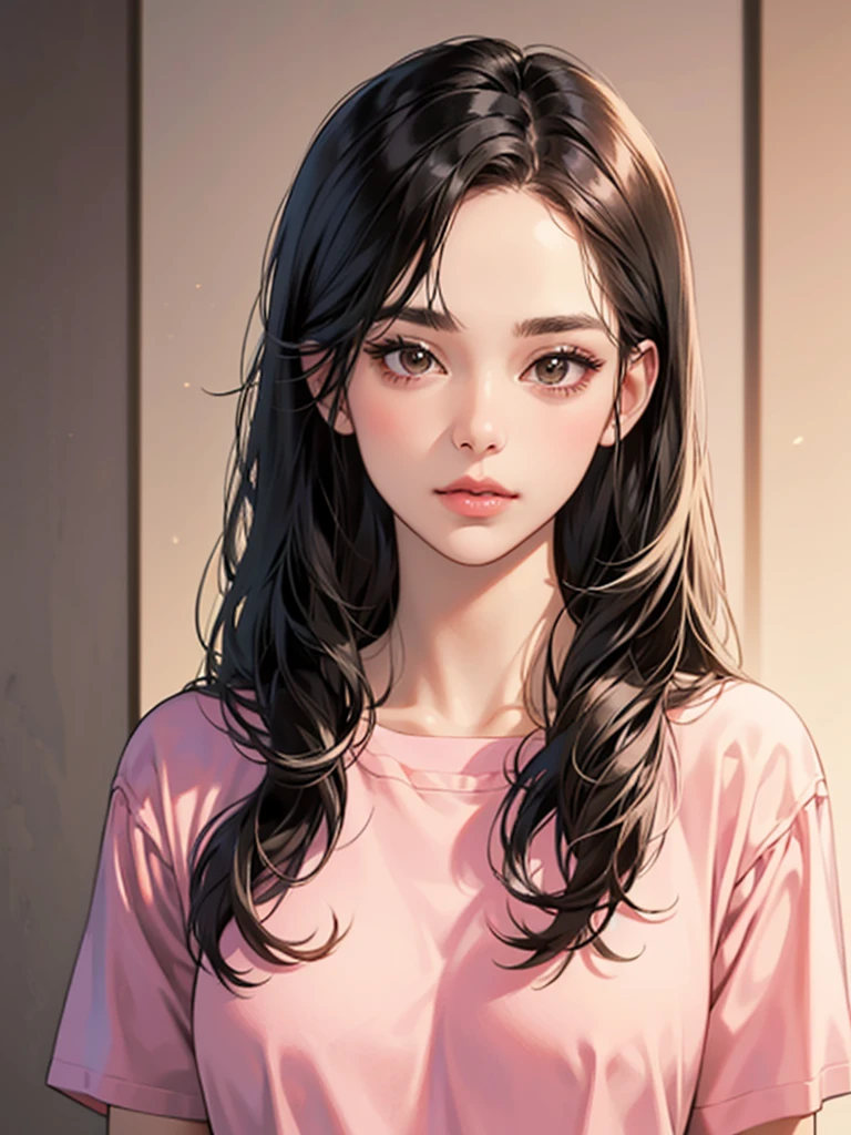 girl, long straight black hair, brown eyes, Sharp features, white skin, pink lips, perfect, t-shirt