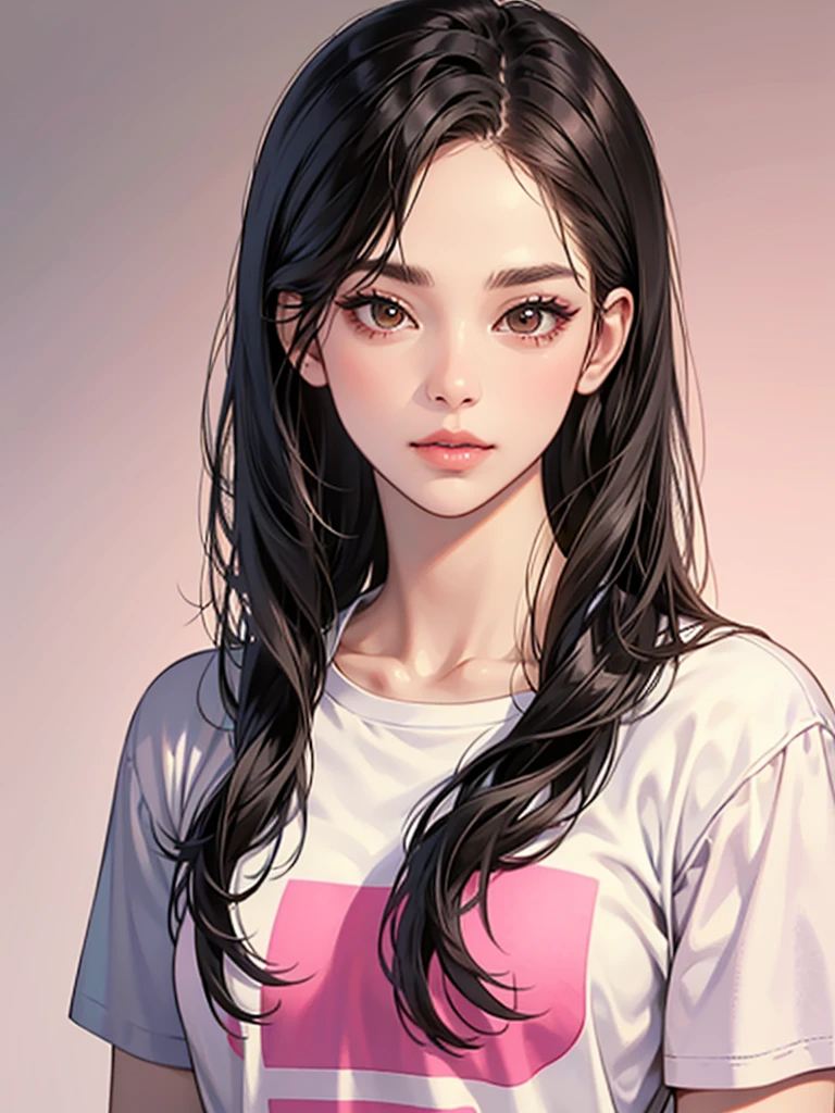 girl, long straight black hair, brown eyes, Sharp features, white skin, pink lips, perfect, t-shirt
