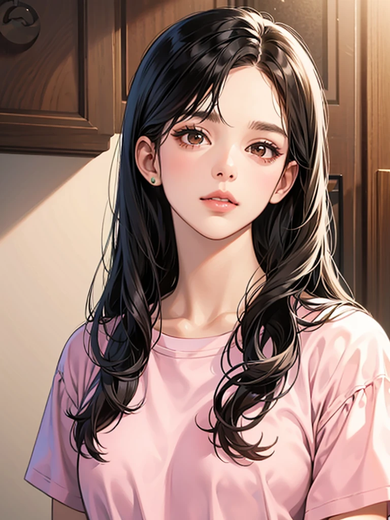 girl, long straight black hair, brown eyes, Sharp features, white skin, pink lips, perfect, t-shirt