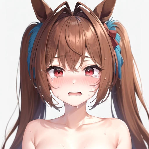 (((masterpiece,best quality,absurdres,8K))) , ((daiwa scarlet,brown hair, hair intake, red eyes, long hair, twintails, animal ears, horse girl)),((front, looking at viewer,embarrassed,blush:1.3,ecstasy:1.3 ,slut:1.2,steam:1.1,wet:0.8,trembling:0.8,tears:0.7,drooling:0.6,sweat:0.8, cross-eyed)),((upper body,face only:1.6, topless:1.5,bare sholde:1.5))
