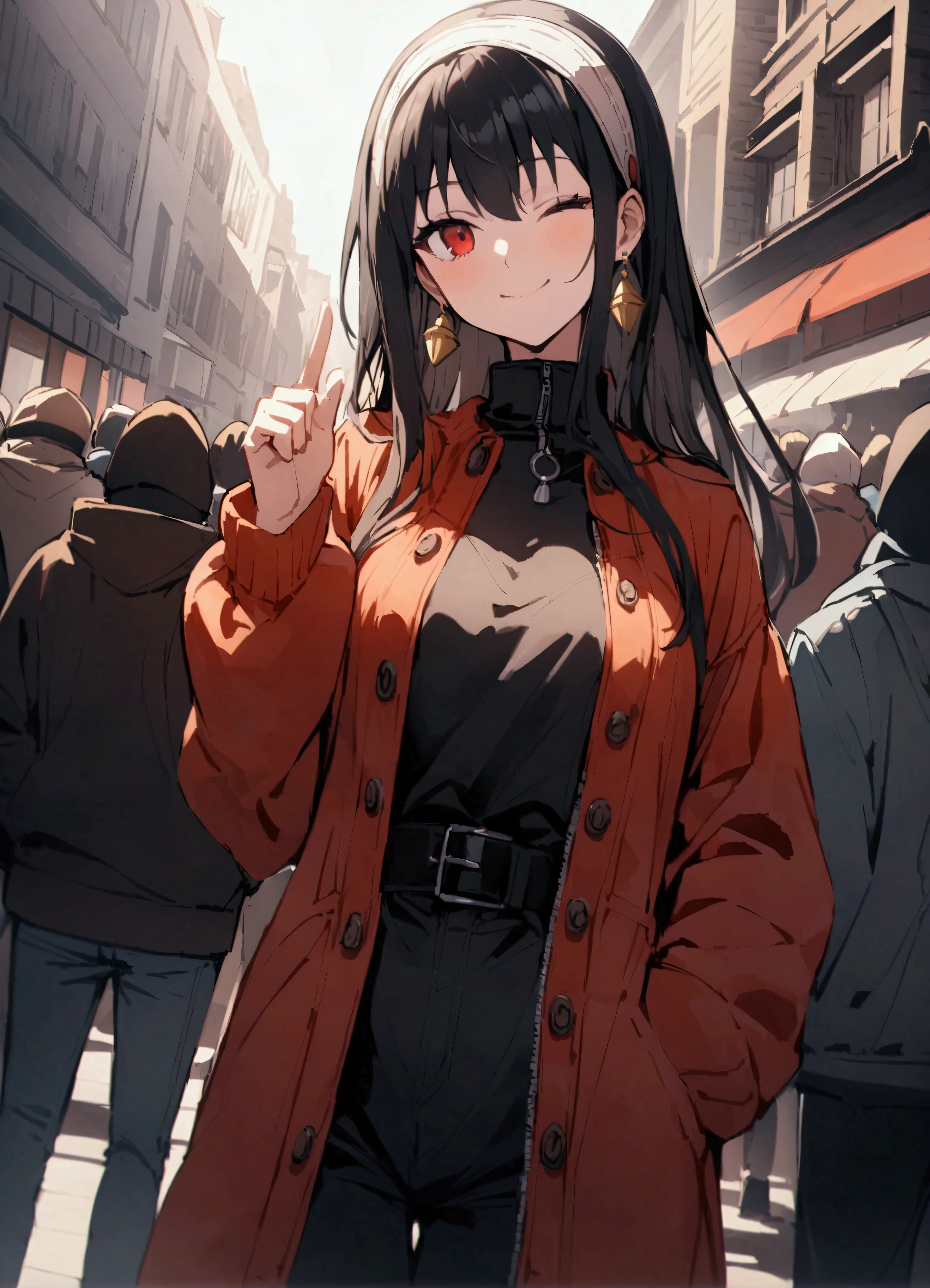 Yor briar、Black Hair、Red Eye、Earrings、白いhair band、hair band、Long Hair、Side Lock、Medium Breasted、、、レターマンJacket、Jacket、、Outdoor、crowd、people々、in、目の上にin、One eye closed、smile、Beanie、pants、Open clothes、はだけたJacket、、Cowboy Shot、solo、Staring at the audience、Dutch Angle、