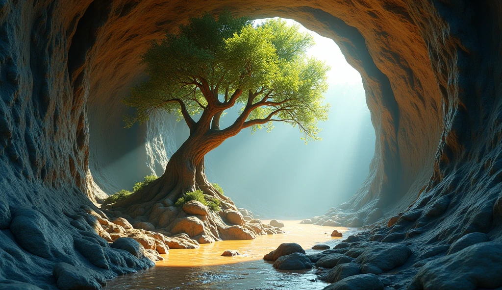 Create a small scene, simple but extremely creative and realistic with a cave sculpted in raw rock where a huge tree grows that sprouts from the rock and touches the ceiling of the cave seeking an opening where a beam of sunlight passes. swirly vibrant colors, NVIDIA Iray RTX 3060 rendering, Daz Studio 4 Pro, PBR Iray physical lighting. 16k resolution. Obra-prima Daz Originals por Gendragon3D