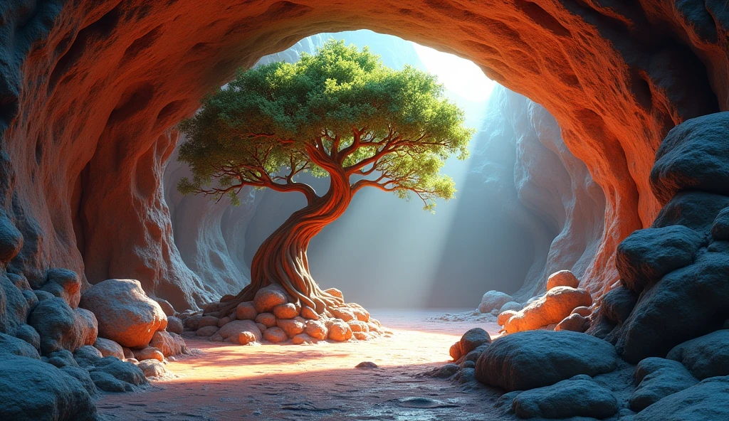 Create a small scene, simple but extremely creative and realistic with a cave sculpted in raw rock where a huge tree grows that sprouts from the rock and touches the ceiling of the cave seeking an opening where a beam of sunlight passes. swirly vibrant colors, NVIDIA Iray RTX 3060 rendering, Daz Studio 4 Pro, PBR Iray physical lighting. 16k resolution. Obra-prima Daz Originals por Gendragon3D