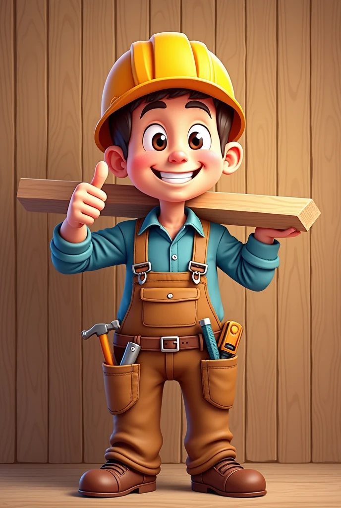 Mix them for Advertising in proper way nor the wood in shoulders in should be in hands
The first image is a cartoon illustration of a construction worker or carpenter. He is wearing a yellow hard hat and brown overalls with tools like a hammer and screwdriver in his pockets. He is holding a piece of wood on his shoulder and giving a thumbs-up with a big smile on his face.
The second image is a background of wooden planks arranged vertically. The planks are of different shades of brown, showing natural wood textures and grains. This could represent a wooden wall, floor, or paneling.