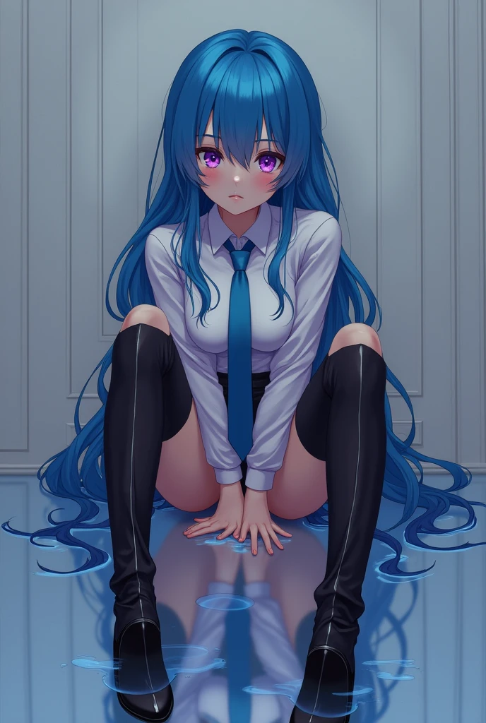 (Masterpiece, Best Quality 1.2),a girl ,euladef, solo, blue hair, blue tie, purple eyes, reflection, looking at the audience, Facing the audience,beautiful, Over-the-knee boots,boots, high heels, beautiful (detailed eyes, detailed face 1.3), sitting on chair, chair, legs open, M word leg open, masturbation, masturbation, hands on the crotch, lewdness, (kinky water: 1.8), (kinky water under the crotch: 1.8),saliva trail,(sexual secretion:1.3),(nsfw1.1)