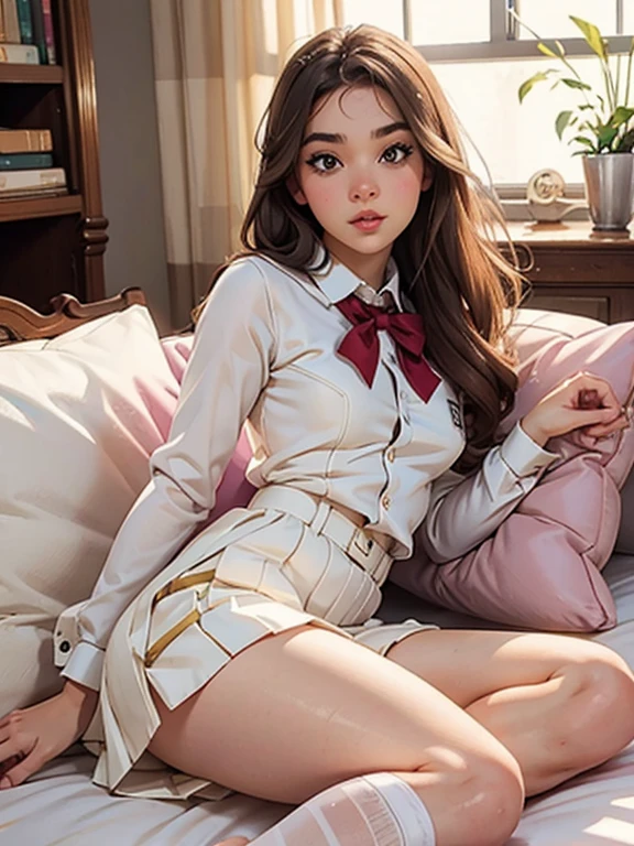 Several  girls in white school uniform in sexy poses, harem, cushions, lots of light