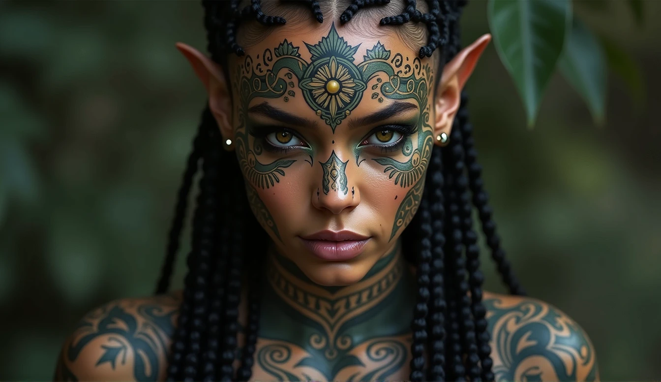 a pose of a beautiful woman with tattoos on her face and body, beautiful female android, tattooed face, dark elf, skin black, intricate braided hair, portrait in matte painting, photo by full body, glare eyes, she is dressed in shaman clothes, heavy make-up, pintura tribal, Celta, fractalpunk, cryptopunk, (attractive young man: 1,3) , (seducer:1,1), detalhamento, a lot of femininity, enticing, dazzling, cinematic lighting, dramatic lighting, warm color tones, dramatic colors, (best qualityer, 4K, 8k, high resolution, Masterpiece artwork: 1.2), (realisitic, foto realisitic 1,37), HDR, 16:9.