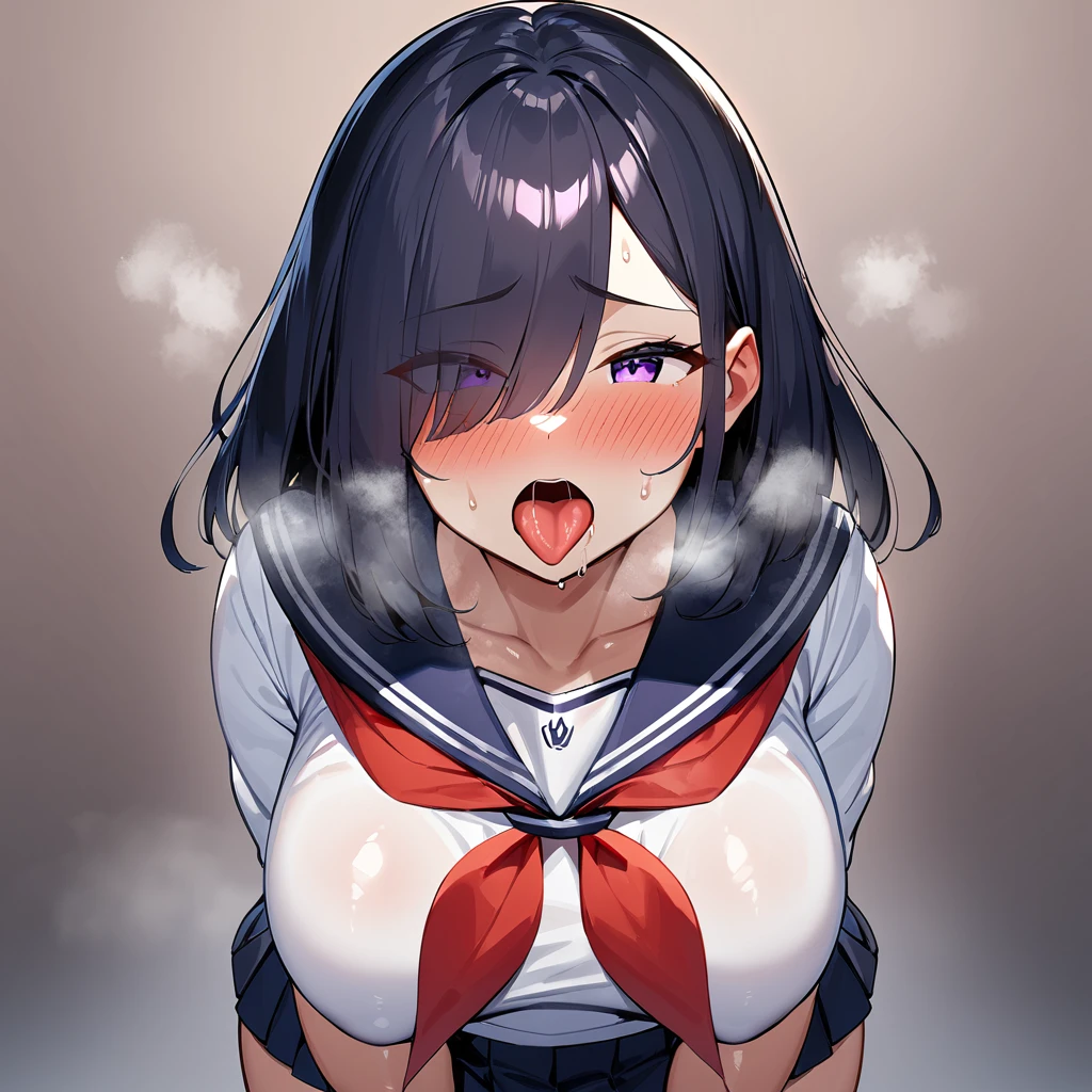 2girls,blackhair,open mouth,tongue,(serafuku:1.5),red neckerchief,white blouse,pleated skirt,dark blue blouse,sexually suggestive,(cowboyshot:1.5),(in heat:1.5),(Breasts),(heavy breathing:1.5),(Legs_apart),(breasts focus),(shiny_skin),(eyes visible through hair:1.5),very sweaty,dark blue hair,purple eyes,hair over eye,blush,(Heavy Breathing:1.3),(Steaming body:1),(straight-on),(light skin:1.5),masterpiece,best quality,very aesthetic,absurdres,medium hair,straight hair,(female:1),(curvy:1),