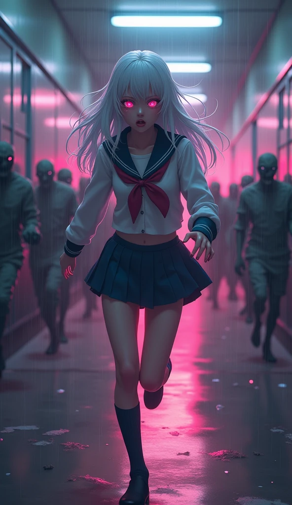 photorealistic,Realistic illustration in Modelshoot style,((masterpiece)),((The best quality)),((Ultra Quality)),((ultra detailed)),((1girl long white hair)),((Only)),((waifu:1.5)),Perfect anatomy,perfect hands,beautiful cuerpo,beautiful_method,ulzzang-6500-v1,e-chica,Exceptionally Beauty Waifu Princess Mary R. and Emma Stone and Eiza Gonzalez as Rin Tohsaka and Tifa Lockhart running terrified in a hospital being chased by a group of horrible and scary zombies,(((zombis,A crowd of horrible and terrifying zombies watching and running after her piled up with each other to catch up with her...))),in a  cosplay,wet clothes,Sailor mini skirt,black socks,((bright-pink_eyes)),long wavy hair,hair clips,eyeliner,cute makeup,lipstick,Glossy lipstick,with a look of terror, worry and sadness,((eyes detallados perfectos)),rainy with fog outside,evening,pink theme,bioluminiscencia,light particles,((Extremely CG Unity 8K Wallpaper)),((cinematic lighting,Best quality lights)),intricate details,Suave,sharp focus,Extremely beautiful and aesthetic,Octane rendering,Full length portrait,damp skin,((Perfect detailed body)),