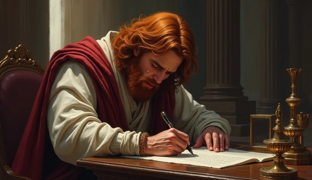 create: "NON-YOUTUBE VIDEO LAYER"
a man named king david who was red-haired, With tears in my eyes, crying and very sad, writing a letter in the palace.