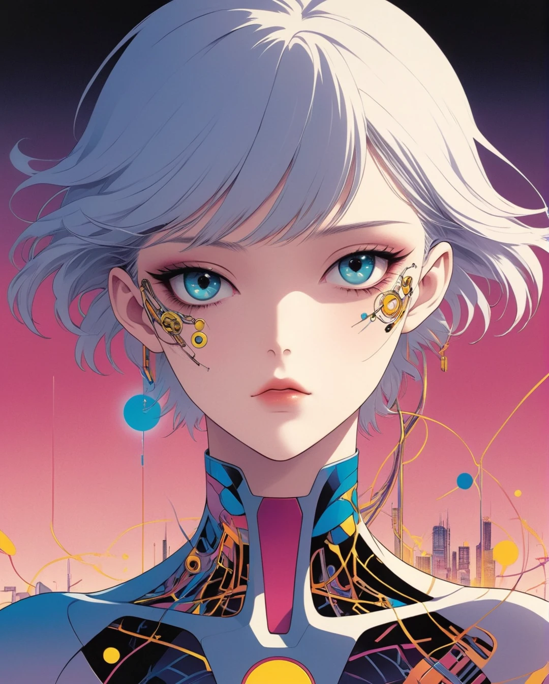 Art style by Yoshitaka Amano, Art style by Takato Yamamato, Art style by Ayami Kojima, (Masterpiece, Top Quality, Super Detail, High Resolution, Best Illustration), 1990s (style), 1980s (style), retro art style, Highest image quality, 90s style anime, Create a dynamic, half-cyborg character rendered in a colored sketchbook style. The sketch should be loose and expressive, capturing the vibrant energy of 90’s city pop art. The character has one human side, with big, expressive anime eyes, and one robotic side, with exposed circuits and metallic plating. The background features a mix of retro colors and geometric shapes, inspired by the aesthetics of 80’s and 90’s anime. The overall look should be energetic and full of life.