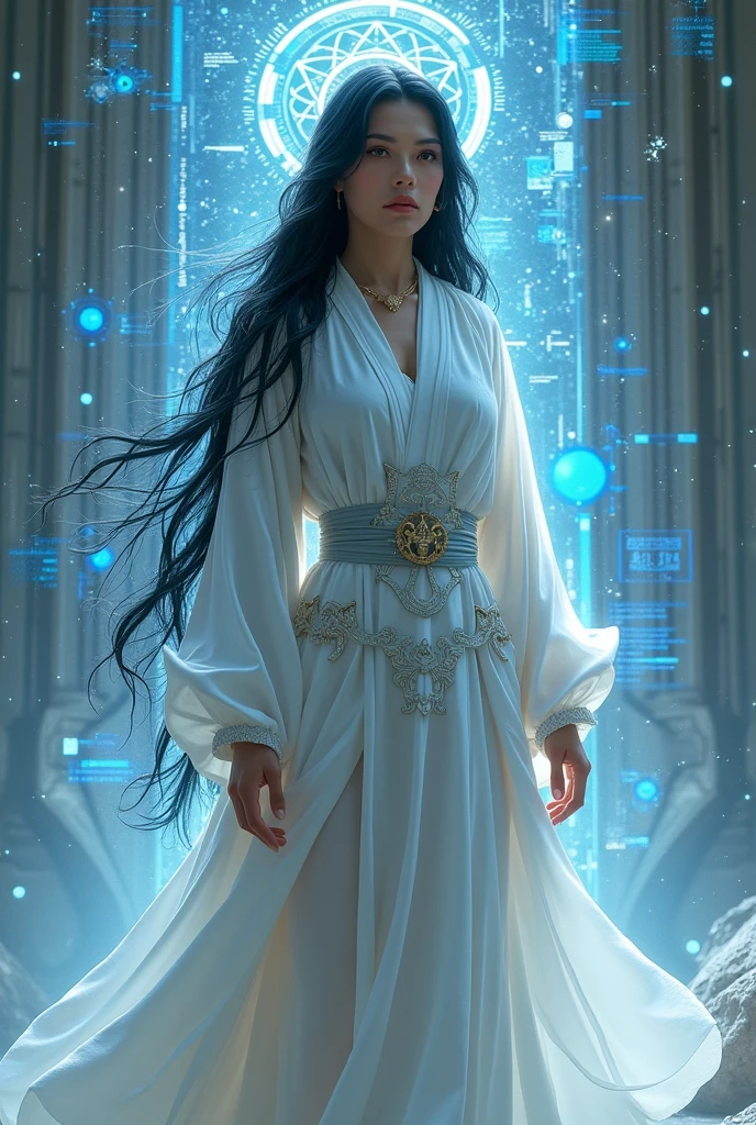 Warrior woman, black hair, daughter of God, data analysis, white clothes