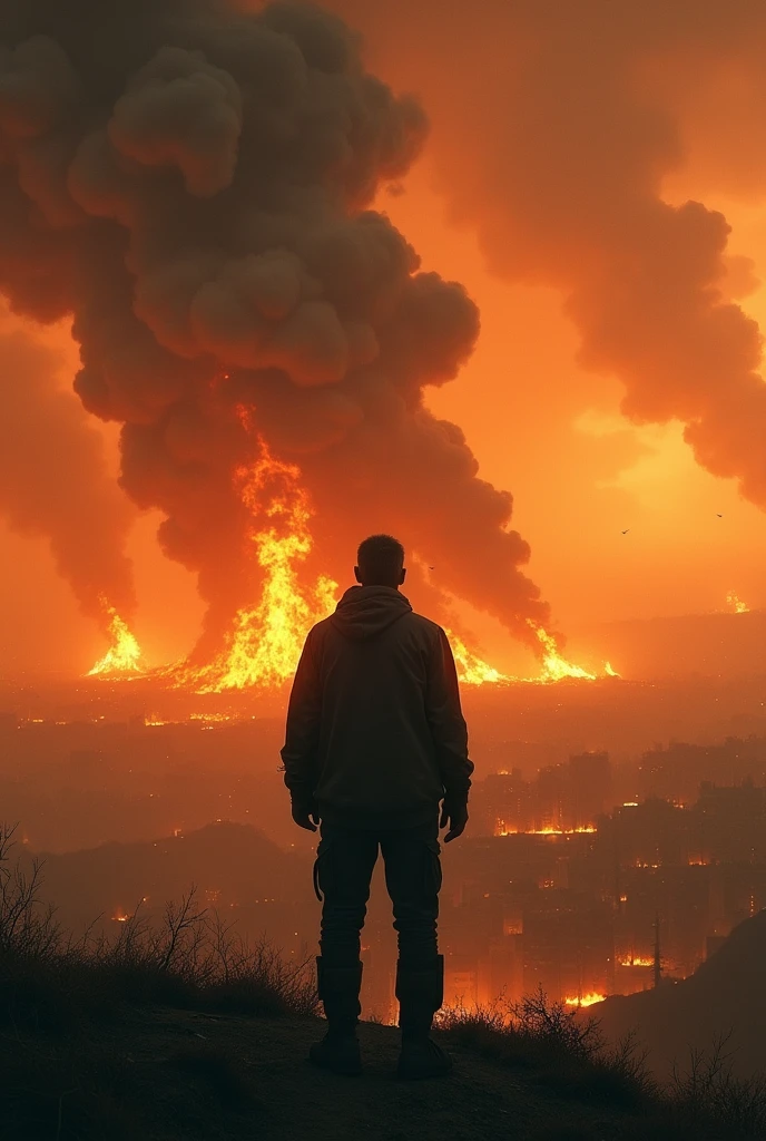 man looking at burning world
