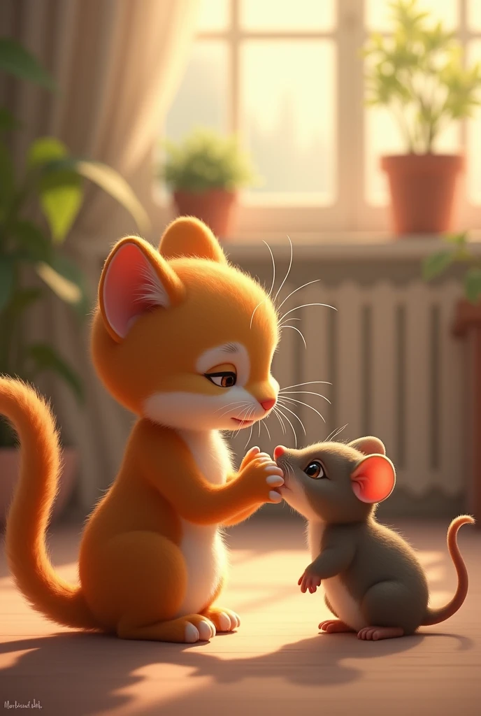 Resolution**: Mithi gently catches the mouse with a paw, and both characters exchange curious, friendly glances, showing an understanding between them.