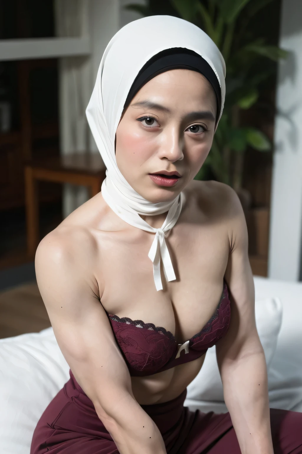 SQUATTING, ((NECK LACE RIBBON)), ((Strapless Bra)), ((Pencil Skirt)), (Arm Muscles:1.85), ((6x-UltraSharp)), Milf Bitch, Straddling, ((Naked red)), ((Old Lady :1.7)), Very cute like a Matured Lady, ((Stylo Stylish Hijab)), adorable, 2 girl, 55 years old, baby face, shy, half body portrait, ((HORNY FACE EXPRESSION)), (face details: 1), (eye details: 1), Cute posed. proportional body. Ultra High Res. (realistic: 2), UHD, Tiny breasts