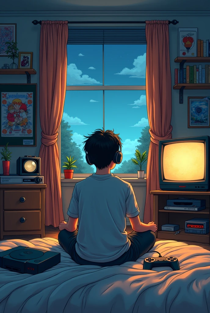 (work of art) studio ghibli style, A teenage boy playing Playstation One, sitting in his room, with headphones from ear, nerd décor, view from behind, video game on shelves on the wall, cartazes, nintendo, 90's psone, Calm, peaceful, pensamento, Glaring light, retro tv, 90s style, 1990